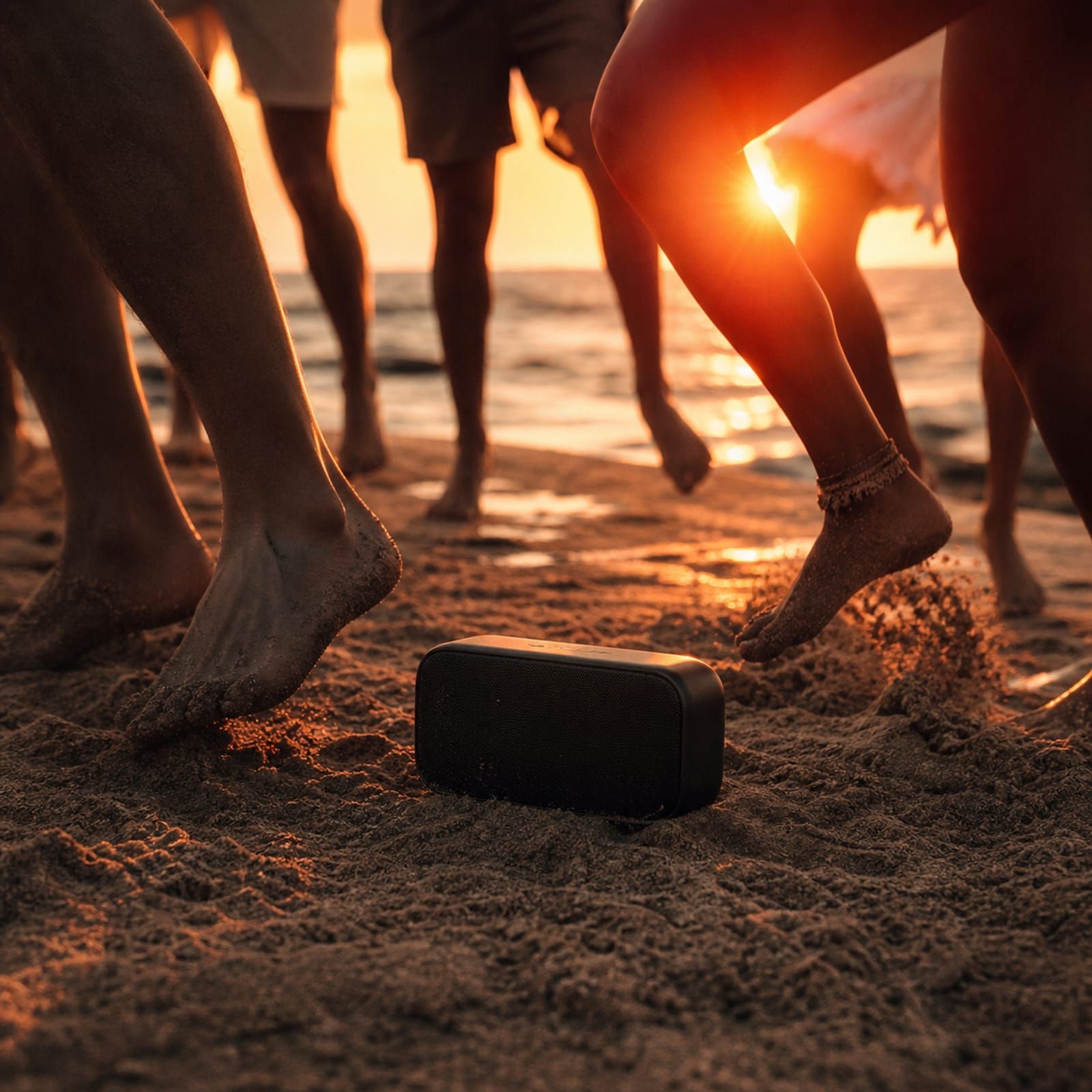 Dancing feet in beach sand around a compact battery speaker
