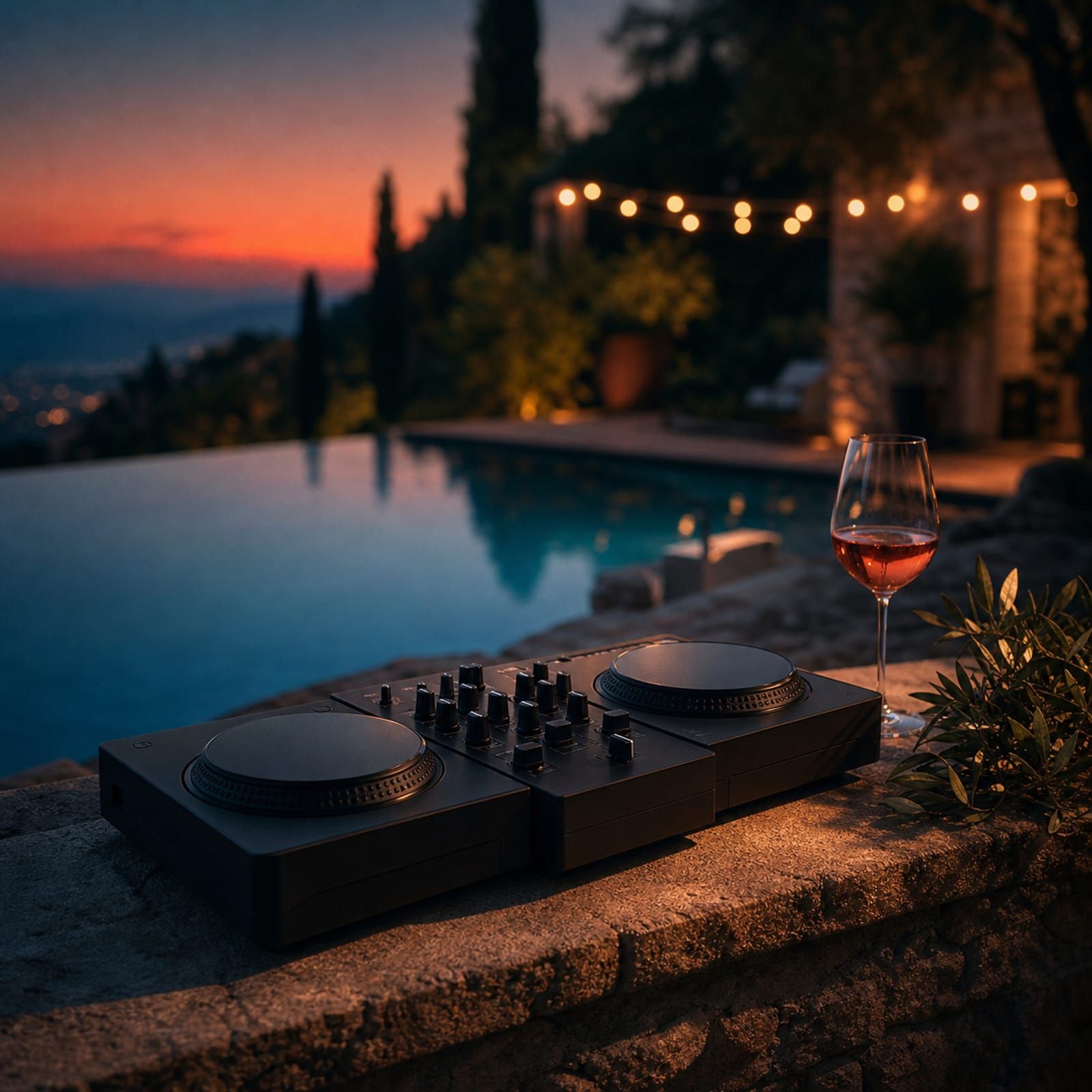 Compact matte-black DJ rig on a villa terrace at dusk