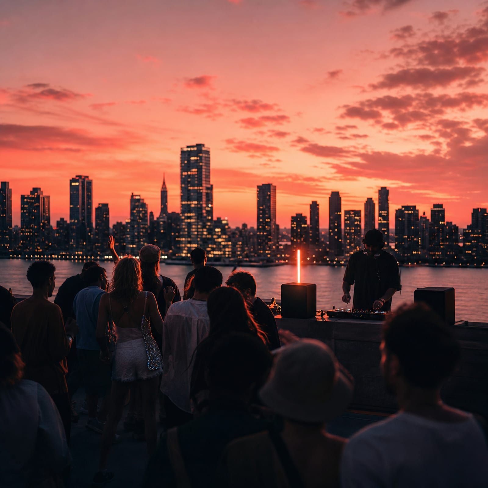 Small rooftop crowd dancing against a sunset city skyline