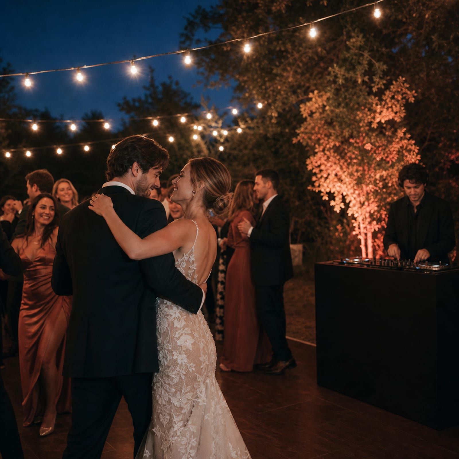 Outdoor wedding guests dancing under lights beside a discreet DJ booth
