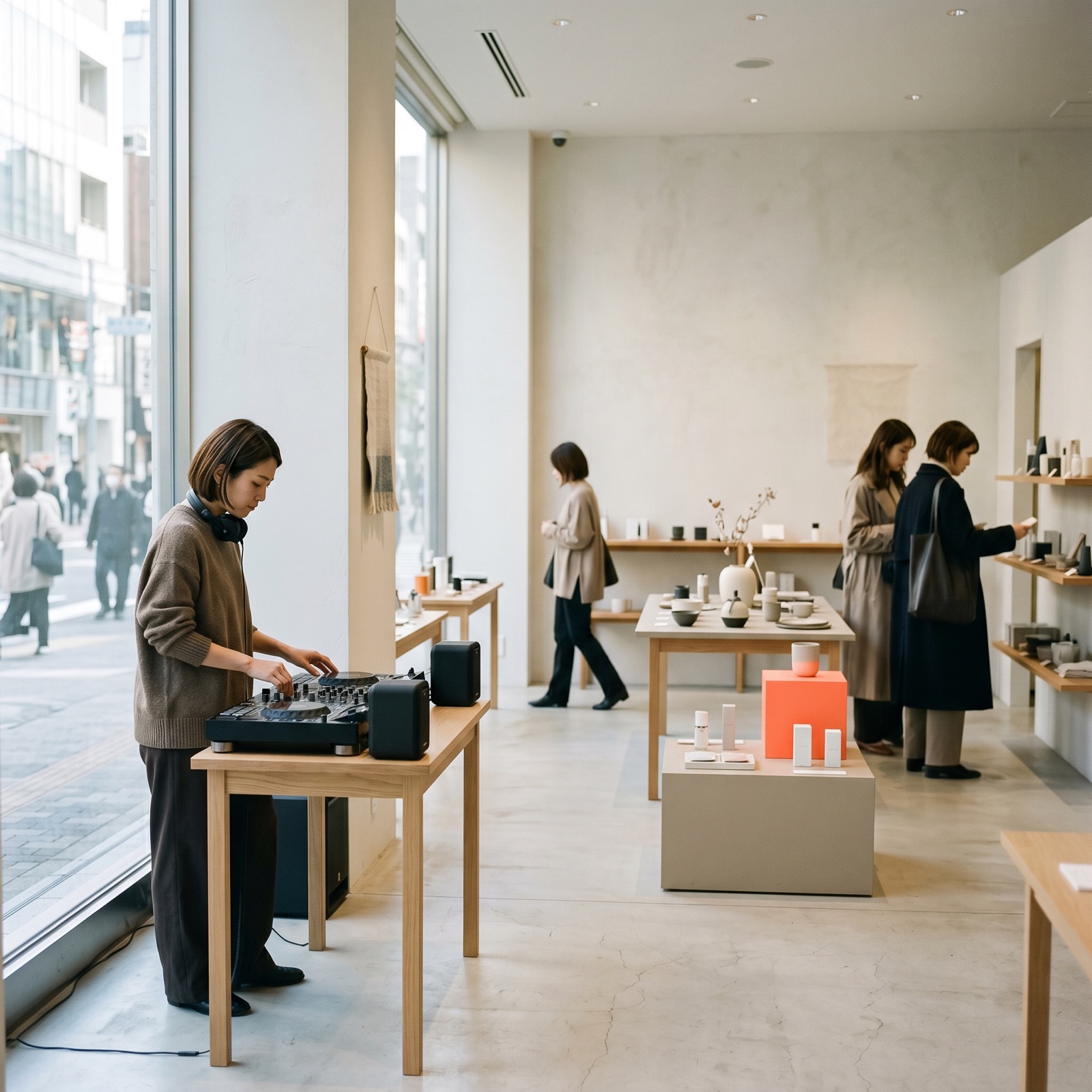 DJ playing a quiet set inside a minimalist pop-up store while customers browse