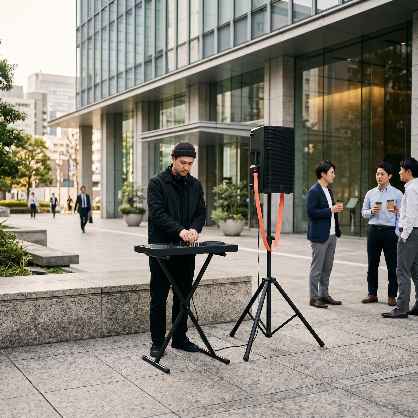 DJ playing an ambient set with a battery speaker in a Tokyo office-building forecourt at midday