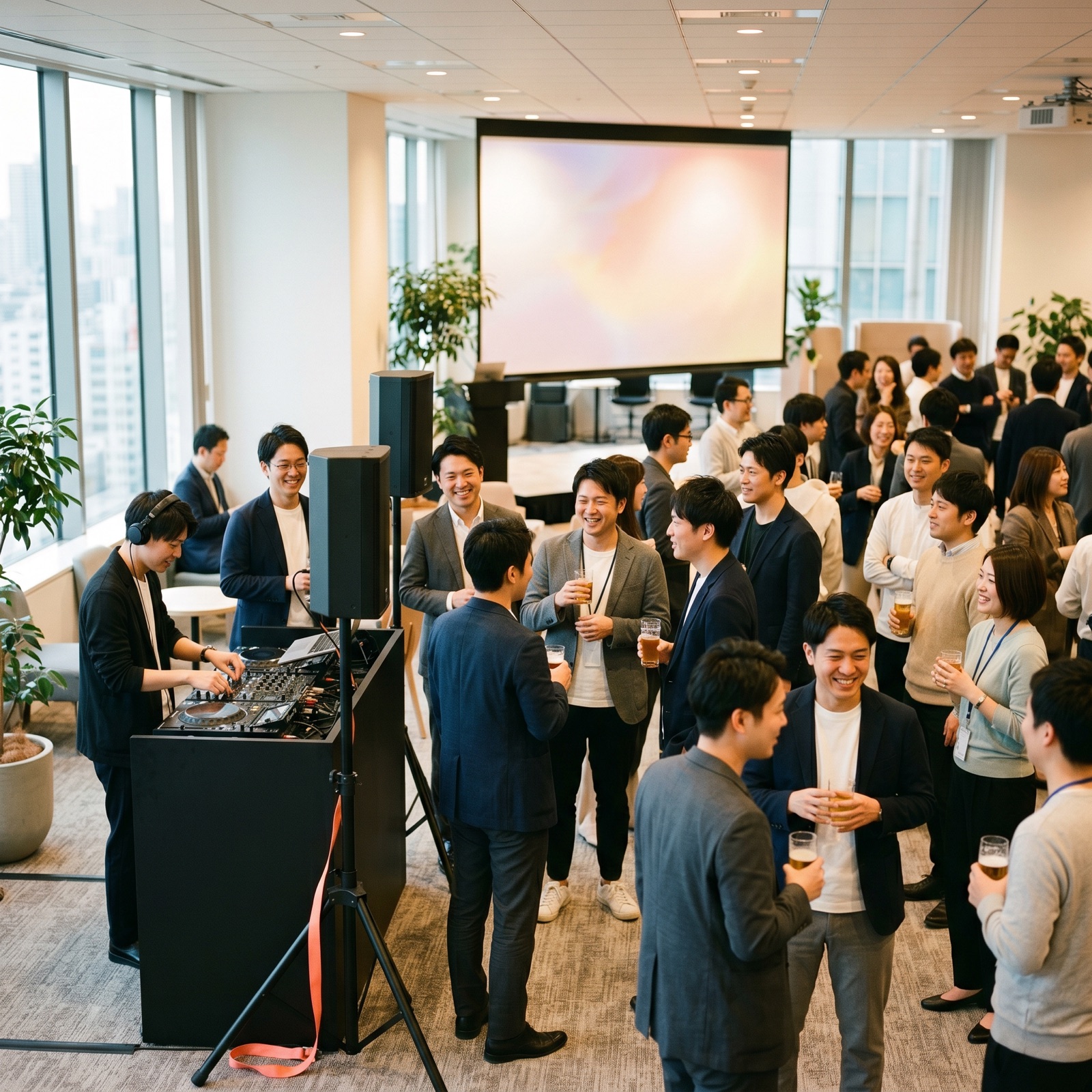 DJ playing at a company all-hands event while employees mingle with drinks